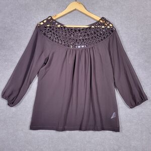 UMGEE Top Womens Medium Chiffon Chocolate Semi Sheer Lightweight Blouse Zip Back